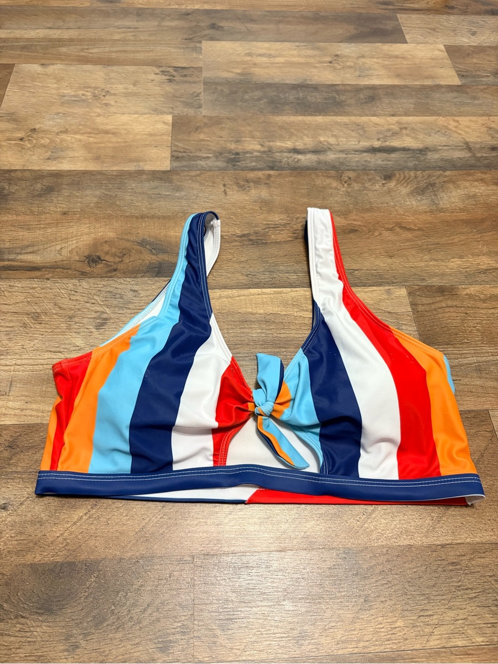 SHEIN White Striped Knot Bikini Top with Red and Blue Accents